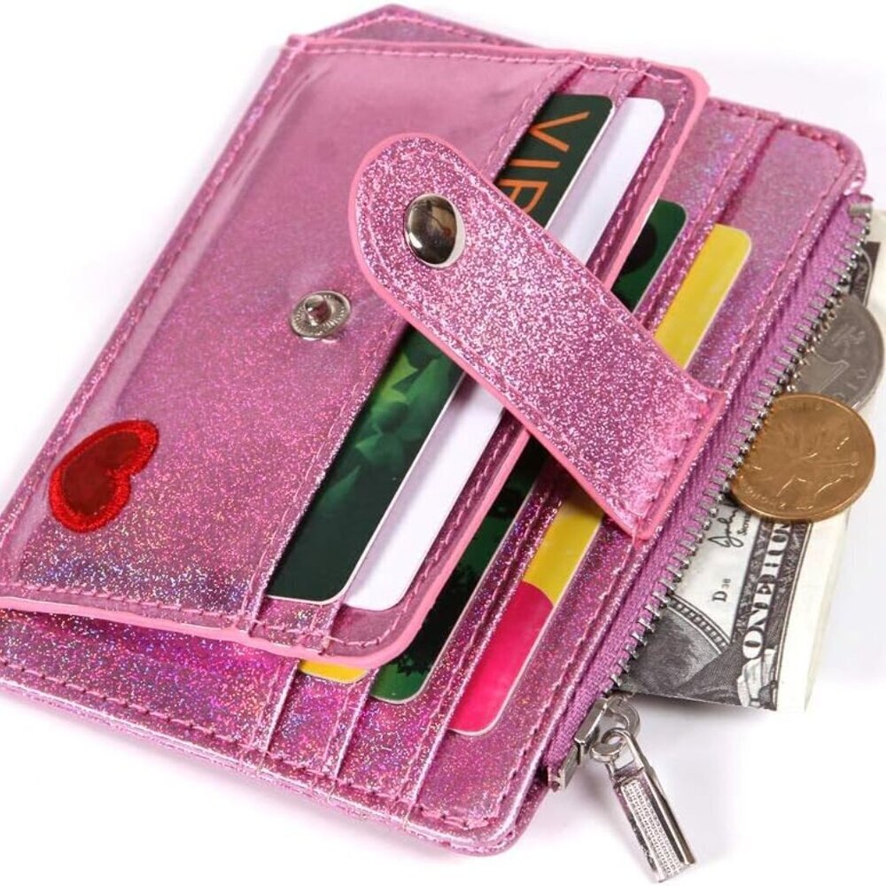 Small Glitter Wallet RFID Card Holder Pink Faux Leather Girls Gift - Picture 2 of 9